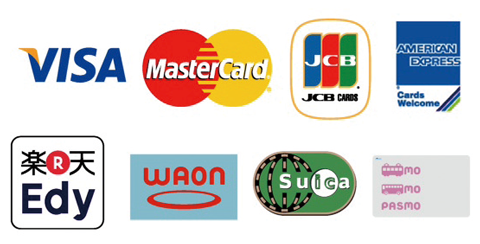 VISA,MasterCard,JCB,American Express,楽天Edy,Suica,WAON,PASMO